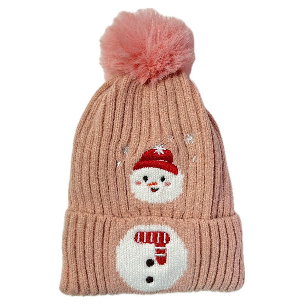 Kids Boys Girls Winter Pom Pom Santa Claus Xmas Holidays Hat Beanie - Pink